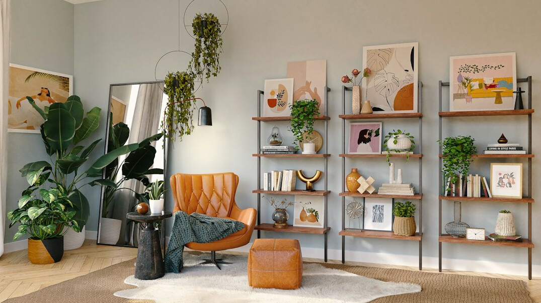 tidy living room with shelves